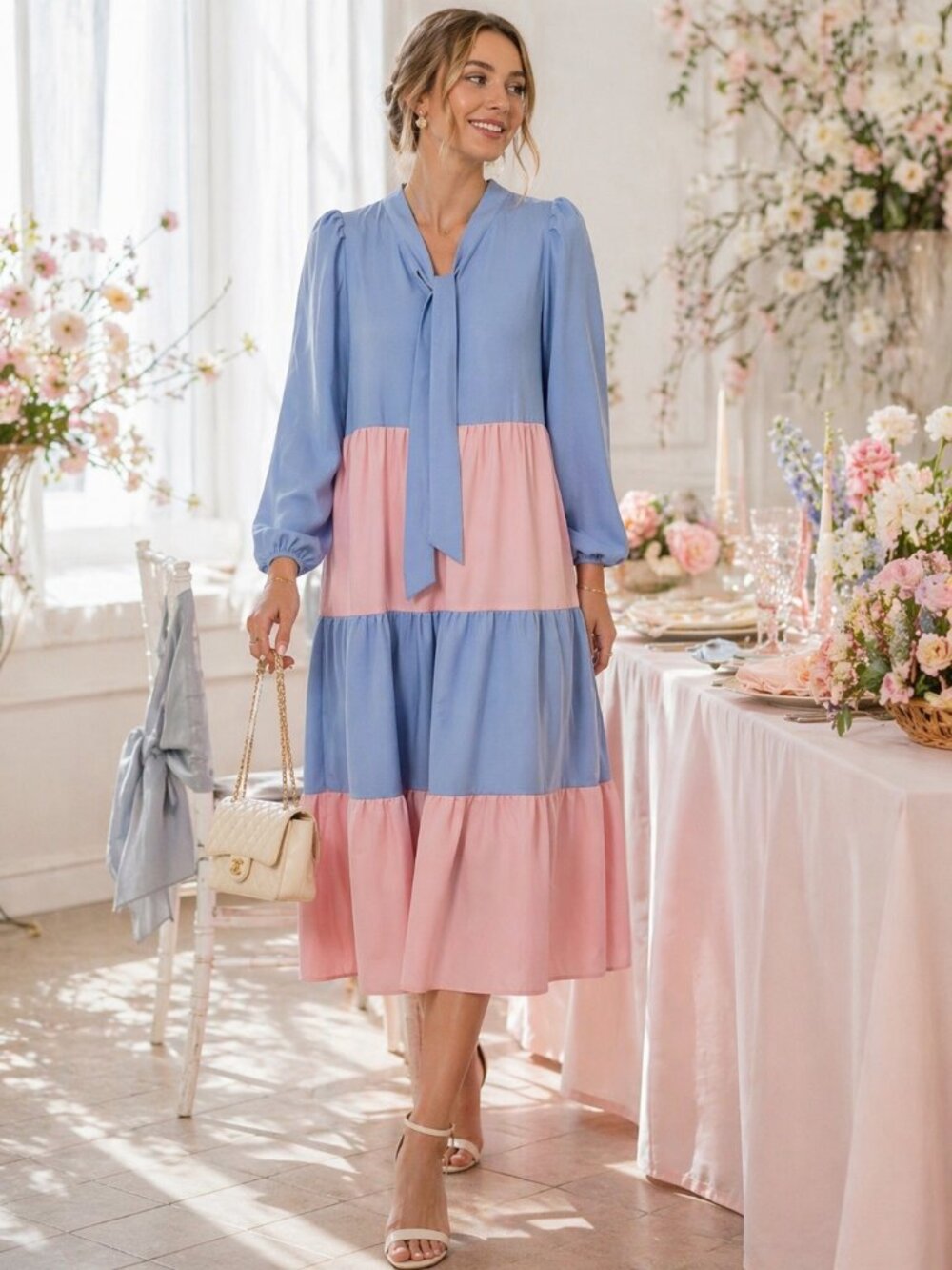 STS Sail to Sable Colorblock Tie Neck Tiered Dress Blue Pink XS